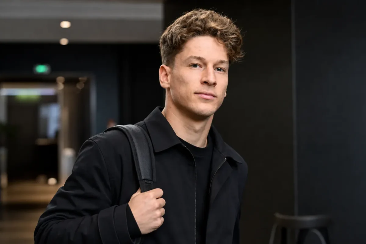 Yari Verschaeren in neutrale kleding in een indooromgeving van een voetbalevenement.