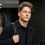 Yari Verschaeren in neutrale kleding in een indooromgeving van een voetbalevenement.