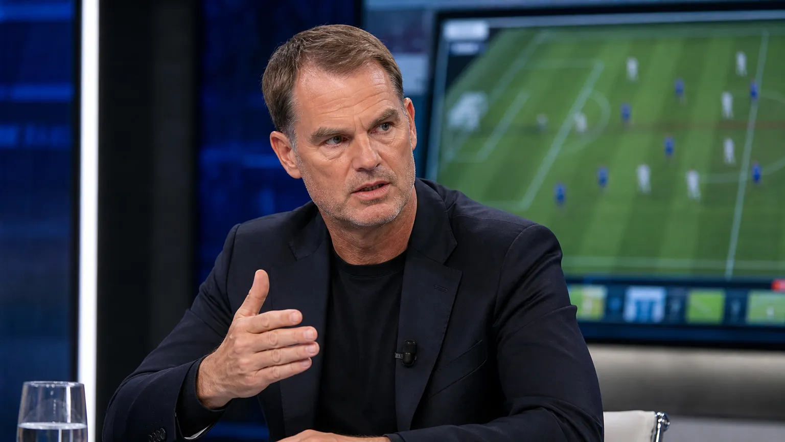 Ronald de Boer spreekt geconcentreerd in een televisiestudio over voetbal.