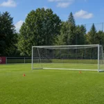 Een leeg trainingsveld van FC Nürnberg met een doel en discreet clubbord op de achtergrond.