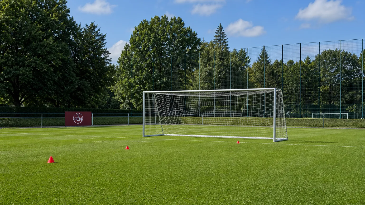 Een leeg trainingsveld van FC Nürnberg met een doel en discreet clubbord op de achtergrond.