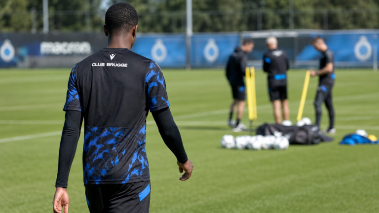 Een anonieme speler van achteren op het trainingscomplex van Club Brugge.
