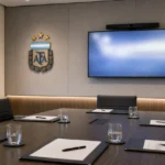 Een rustige communicatiezaal van de Argentijnse voetbalbond met een AFA-embleem aan de wand.