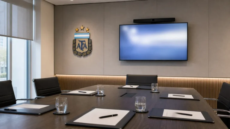 Een rustige communicatiezaal van de Argentijnse voetbalbond met een AFA-embleem aan de wand.