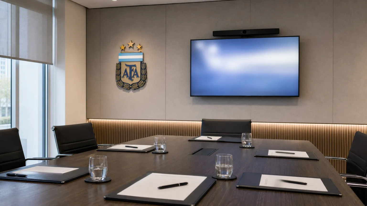 Een rustige communicatiezaal van de Argentijnse voetbalbond met een AFA-embleem aan de wand.