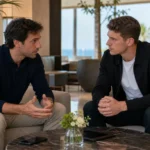 Twee mensen in gesprek tijdens een voetbalrekruteringsafspraak in een hotelruimte op Mallorca.