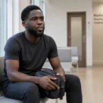 Orel Mangala in neutrale sportkleding bij een medisch onderzoekscentrum.