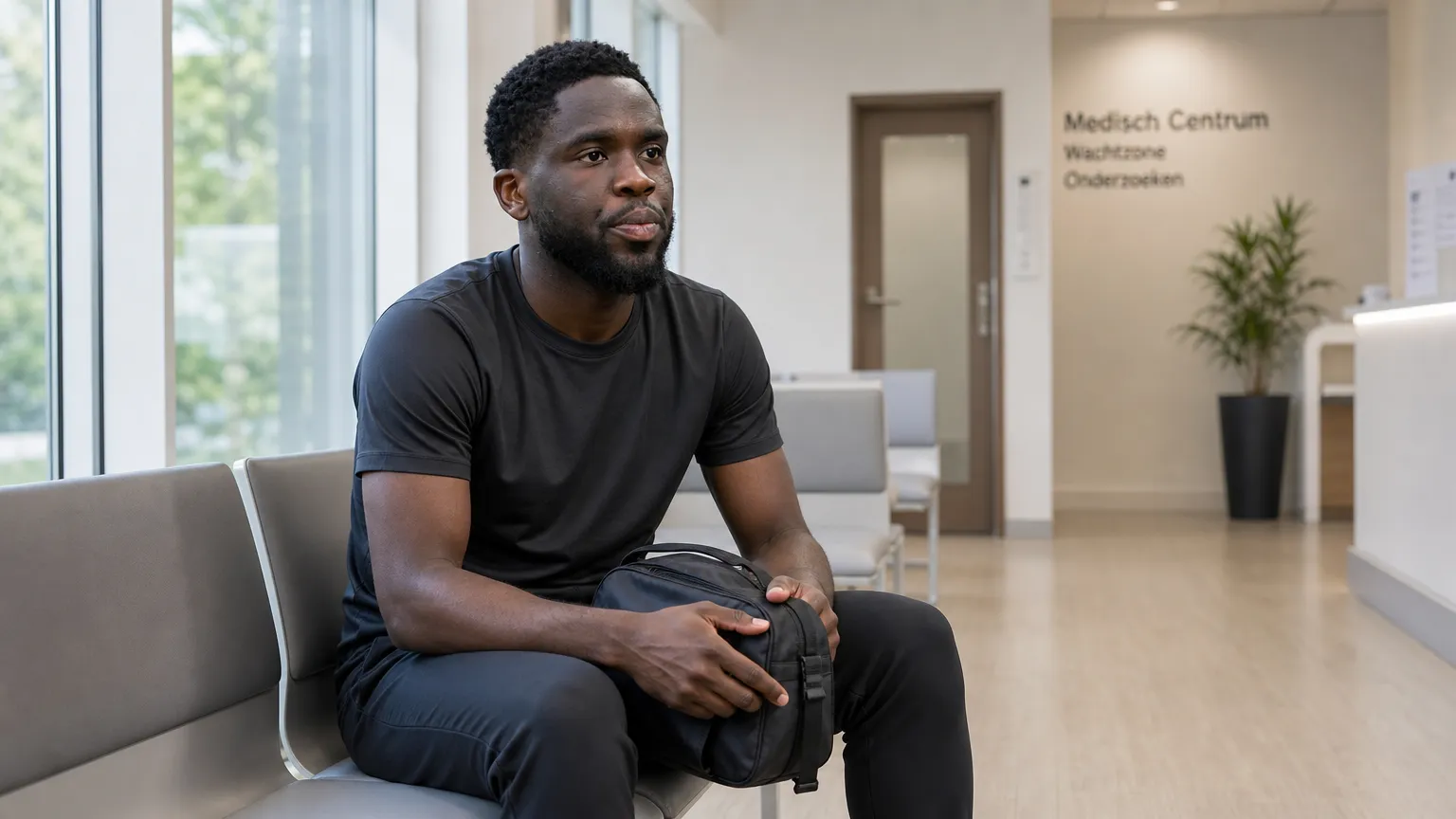Orel Mangala in neutrale sportkleding bij een medisch onderzoekscentrum.