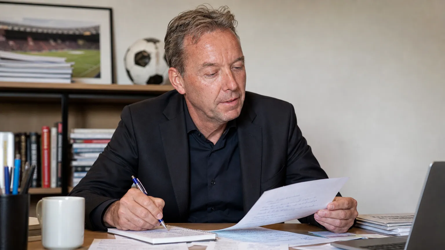 Valentijn Driessen zit aan een bureau terwijl hij notities voor een voetbalcolumn doorneemt.