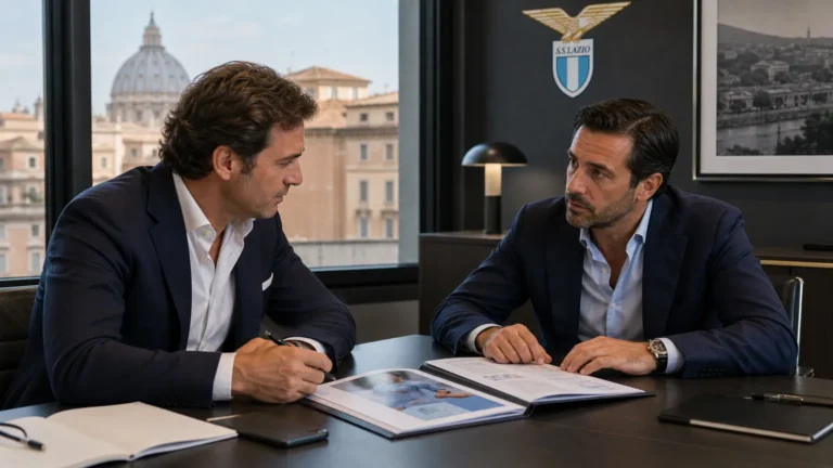 Twee voetbalmakelaars bespreken een dossier in een kantoor met een discreet Lazio-logo.