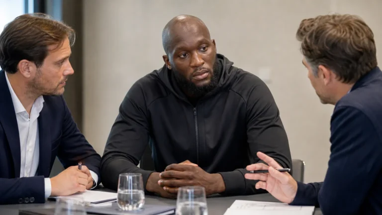 Romelu Lukaku in neutrale sportkleding tijdens een overleg aan tafel.