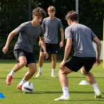 Jonge spelers op een trainingsveld met een discreet OHL-bord op de achtergrond.