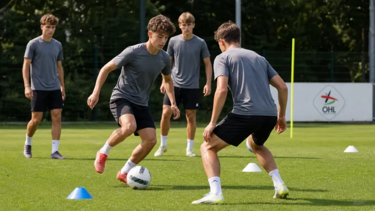 Jonge spelers op een trainingsveld met een discreet OHL-bord op de achtergrond.