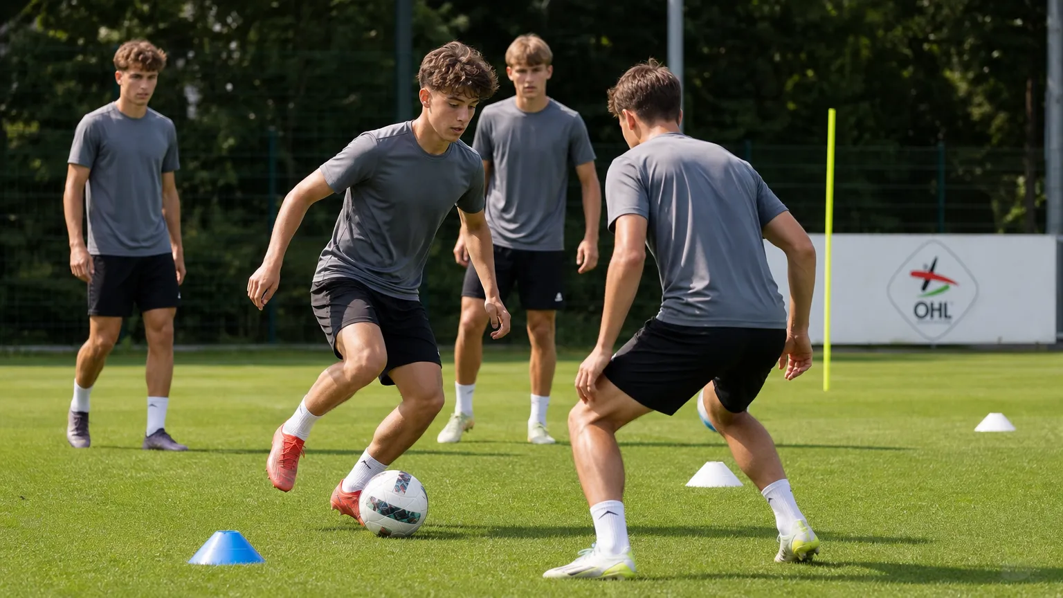 Jonge spelers op een trainingsveld met een discreet OHL-bord op de achtergrond.
