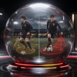 Belgische jeugdspeler in een glazen bol, symbolisch verdeeld over twee tactische rollen op een trainingsveld