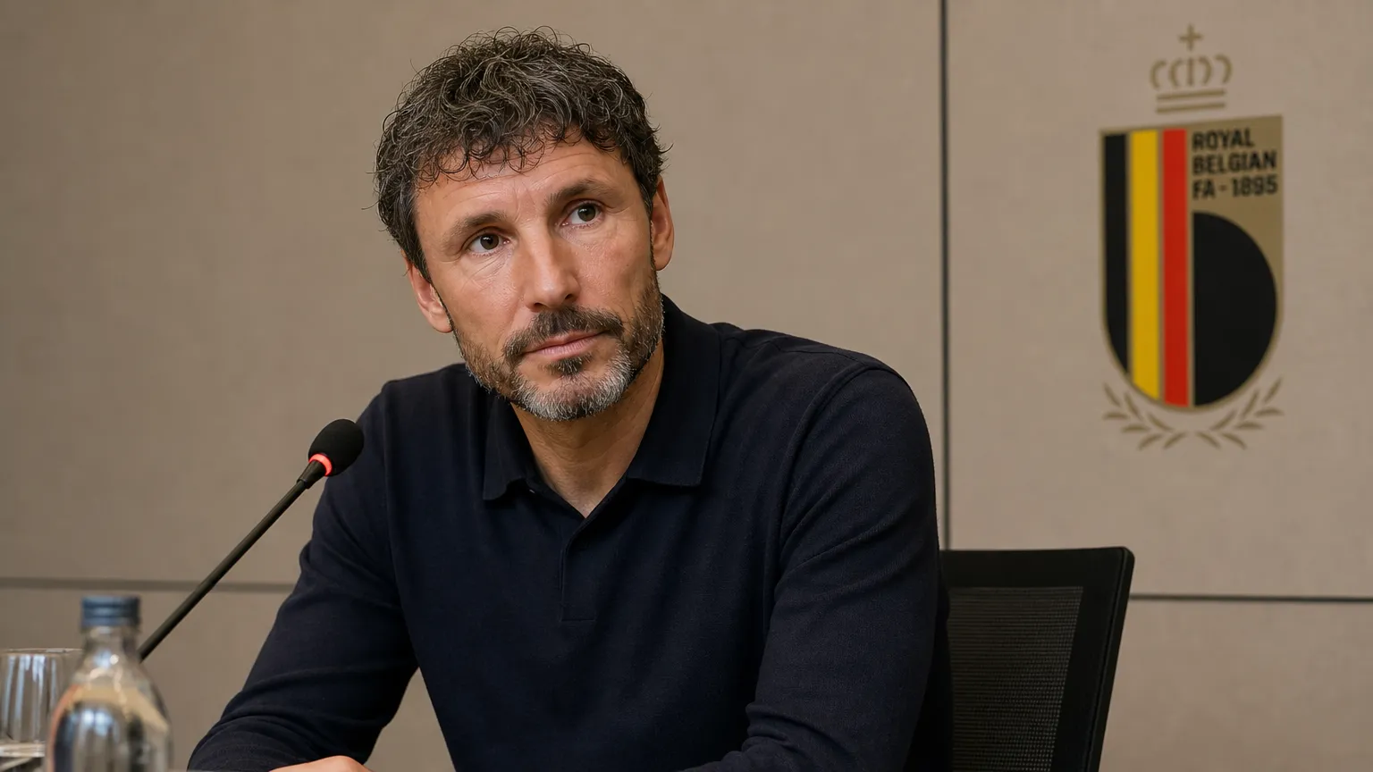 Mark van Bommel spreekt op een persconferentie van de Belgische nationale ploeg.