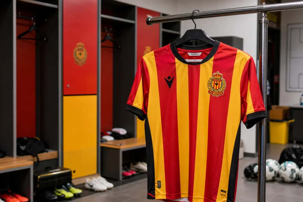 Een KV Mechelen-shirt hangt aan een rail in een actieve kleedkamer.