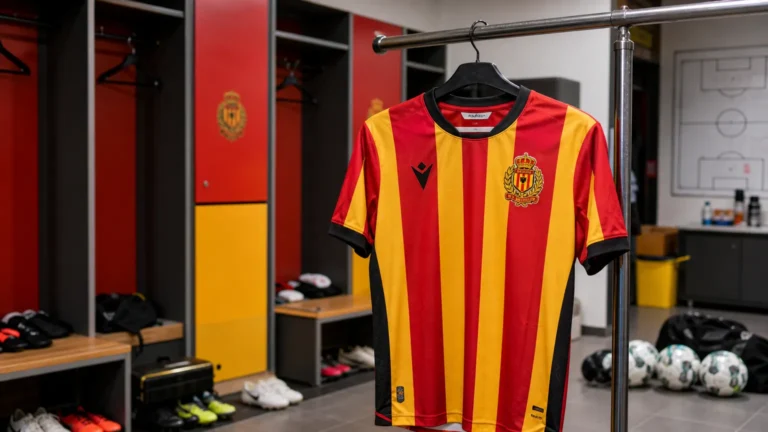 Een KV Mechelen-shirt hangt aan een rail in een actieve kleedkamer.