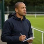 Flavien Le Postollec staat met een notitieblok naast een trainingsveld van Beerschot.