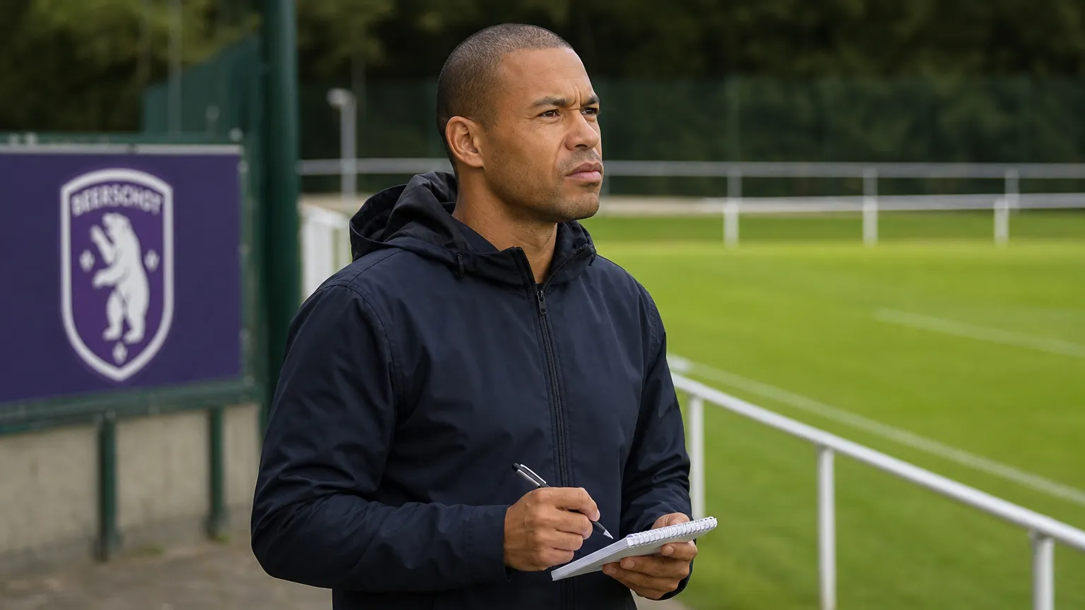 Flavien Le Postollec staat met een notitieblok naast een trainingsveld van Beerschot.