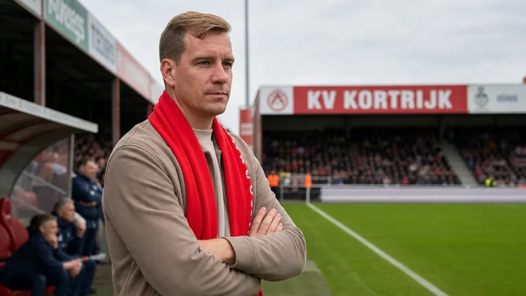 Michiel Jonckheere staat langs het veld voor een wedstrijd van KV Kortrijk.