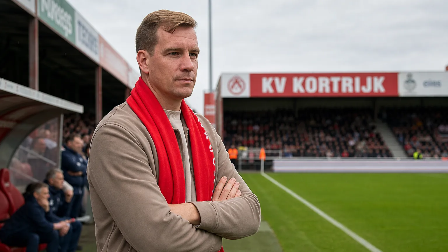 Michiel Jonckheere staat langs het veld voor een wedstrijd van KV Kortrijk.