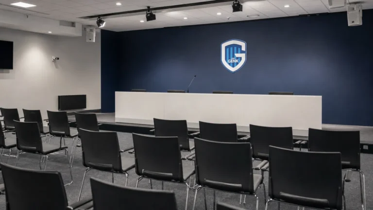 Voorbereide persruimte van KRC Genk met een podium en persstoelen.