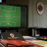 Voetbalanalyses op een scherm in een ruimte van de Antwerp Academy.