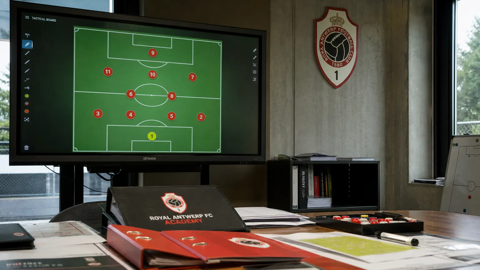 Voetbalanalyses op een scherm in een ruimte van de Antwerp Academy.