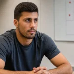 Rodri in neutrale sportkleding in een rustige ruimte van een voetbalcomplex.
