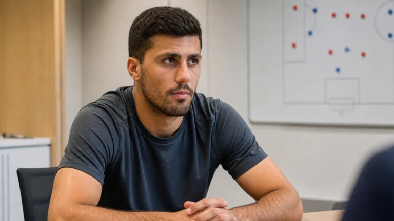 Rodri in neutrale sportkleding in een rustige ruimte van een voetbalcomplex.