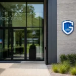 Ingang van de KRC Genk Academy met een discreet clubembleem aan de gevel.