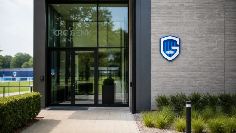 Ingang van de KRC Genk Academy met een discreet clubembleem aan de gevel.