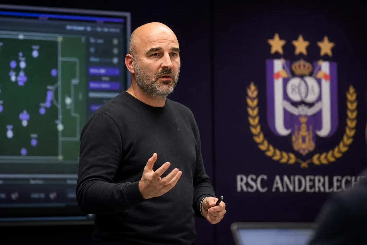 Werkmoment in een pers- en clubomgeving van RSC Anderlecht.