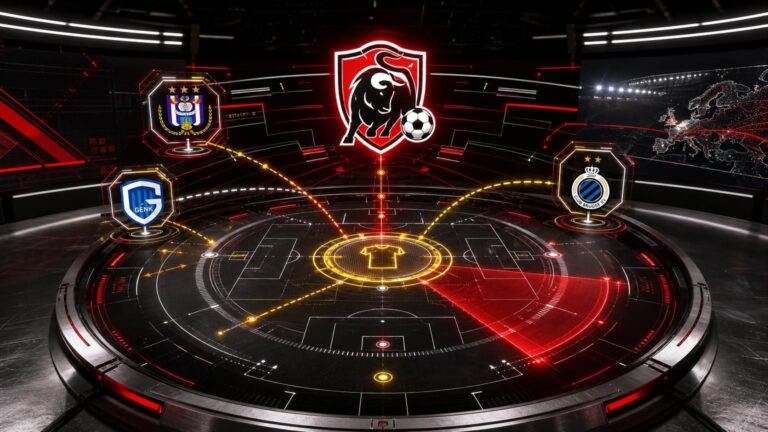 Transferradartafel met Jupiler Pro League-logo en drie clubankers rond de positie van nummer zes