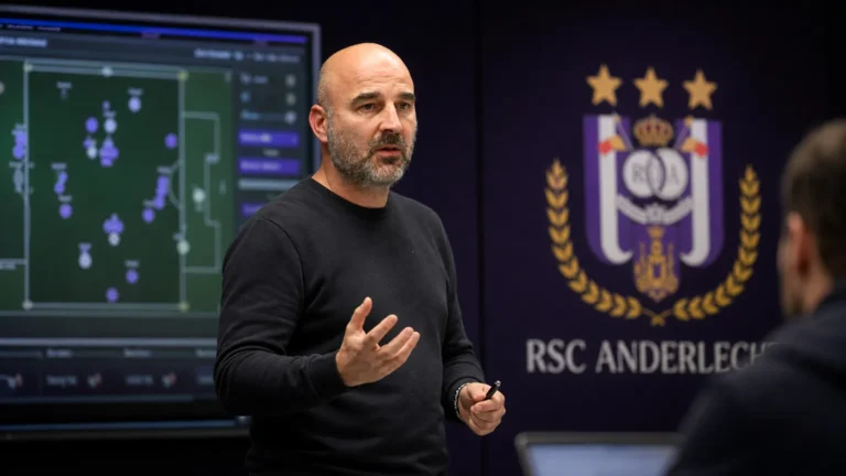 Werkmoment in een pers- en clubomgeving van RSC Anderlecht.