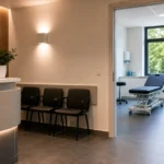 Een rustige ontvangstzone van een Belgische sportmedische kliniek met een open onderzoeksruimte.