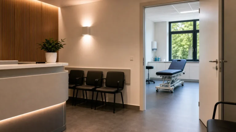 Een rustige ontvangstzone van een Belgische sportmedische kliniek met een open onderzoeksruimte.