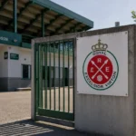 Ingang van het stadion van Royal Excelsior Virton met een discreet clubembleem.