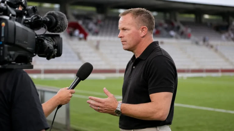 Wouter Vrancken tijdens een interview aan de rand van het veld.