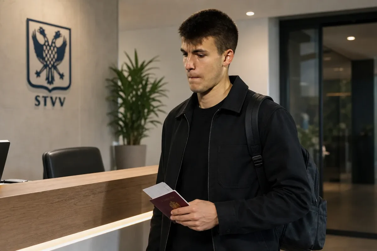 Samed Bazdar in neutrale sportkleding bij een administratieve balie.