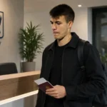 Samed Bazdar in neutrale sportkleding bij een administratieve balie.