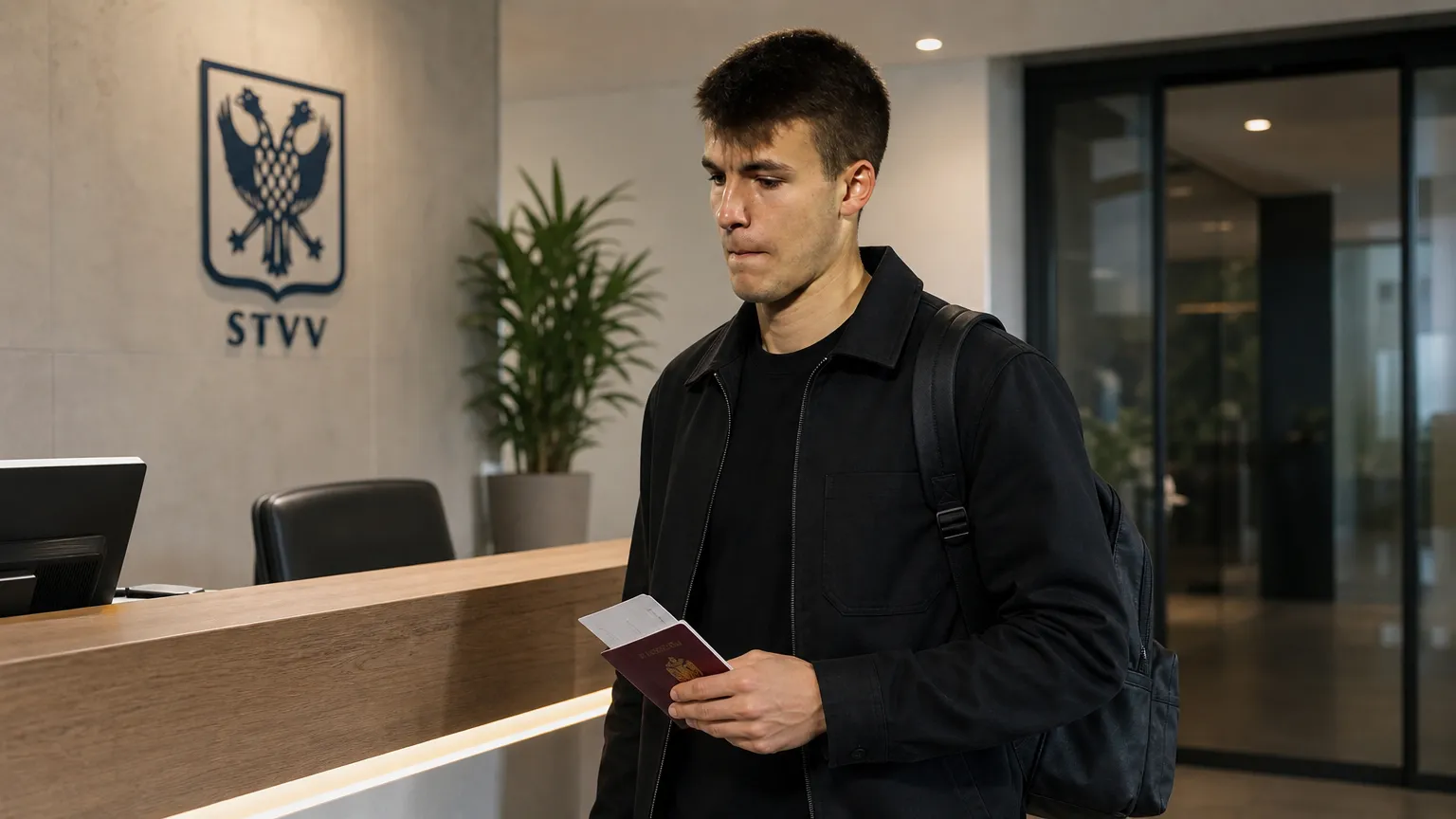 Samed Bazdar in neutrale sportkleding bij een administratieve balie.
