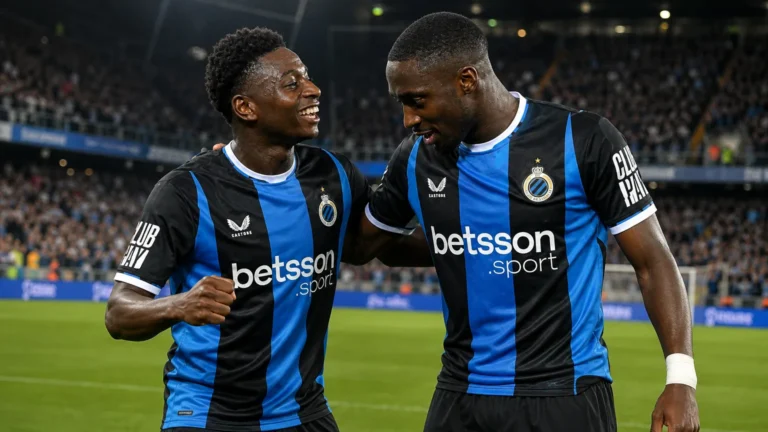 Twee spelers van Club Brugge vieren samen tijdens een wedstrijd in Jan Breydel.