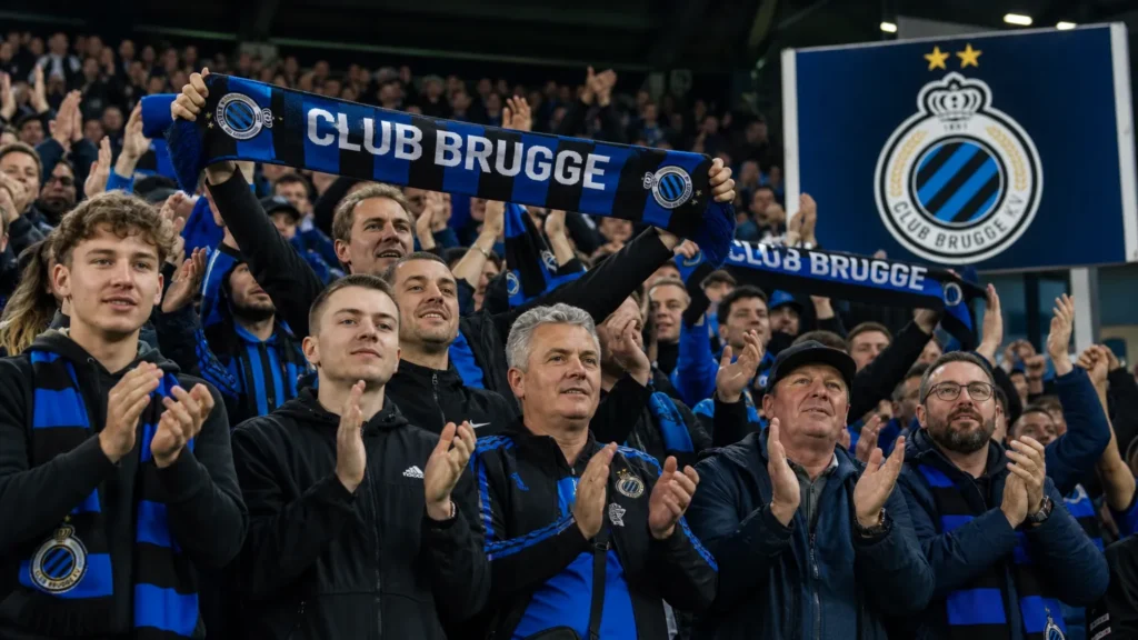 lee-han-beom-indruk-club-brugge-competitedebuut Supporters van Club Brugge applaudisseren in een volgelopen thuisvak.