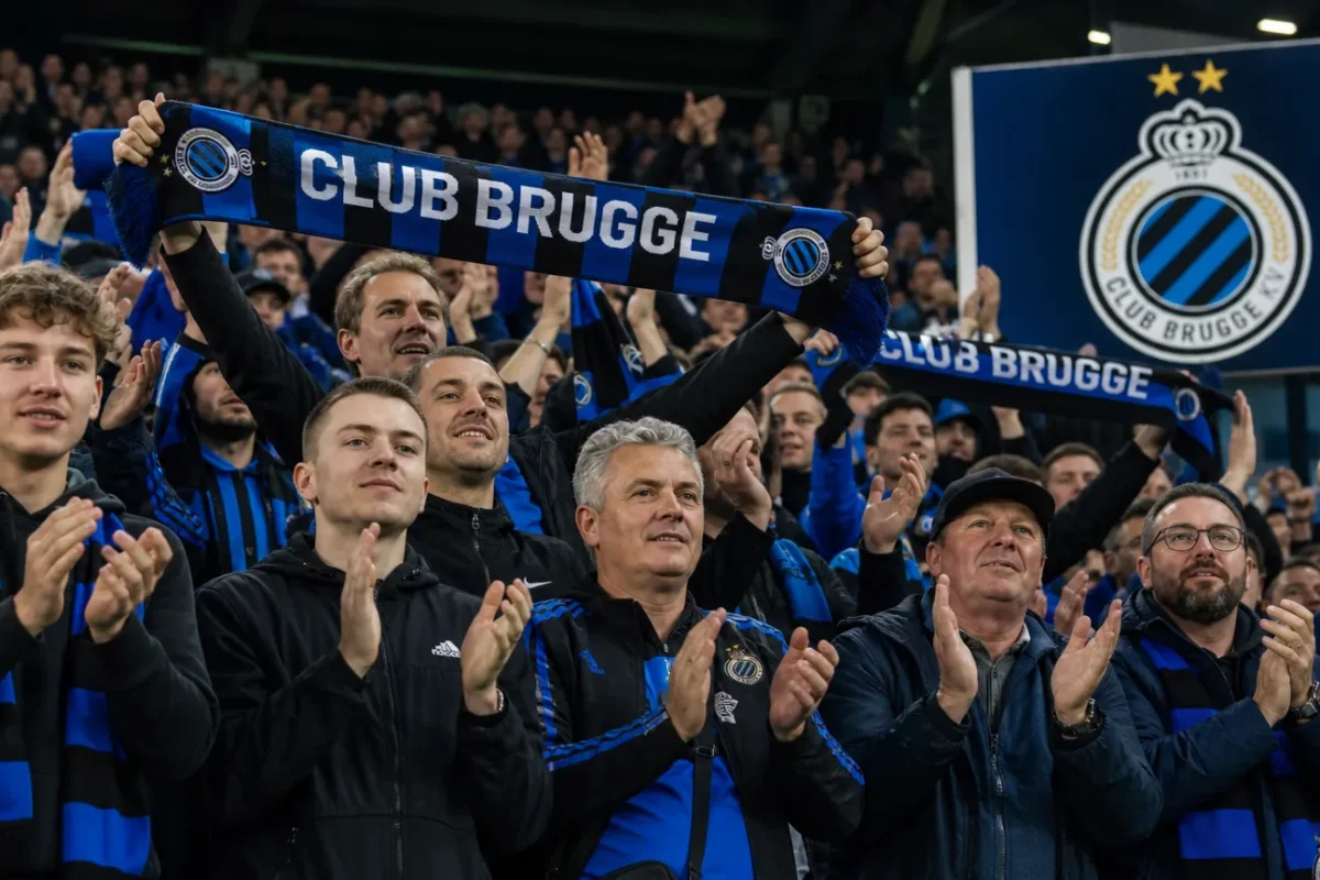 Supporters van Club Brugge applaudisseren in een volgelopen thuisvak.