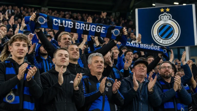 Supporters van Club Brugge applaudisseren in een volgelopen thuisvak.
