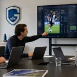 Medewerkers van KRC Genk overleggen in een clubkantoor bij spelersprofielen.