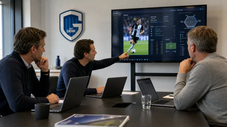 Medewerkers van KRC Genk overleggen in een clubkantoor bij spelersprofielen.