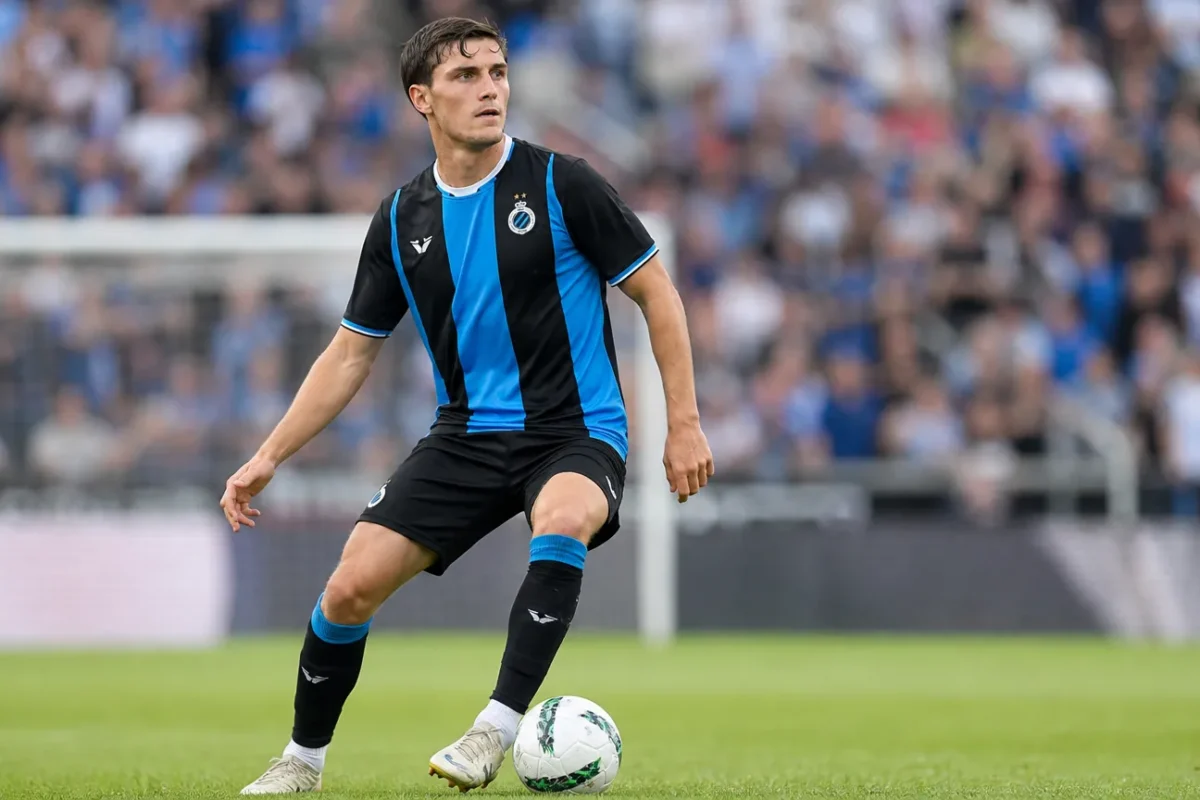 Freddie Potts van Club Brugge controleert de bal tijdens een wedstrijd.